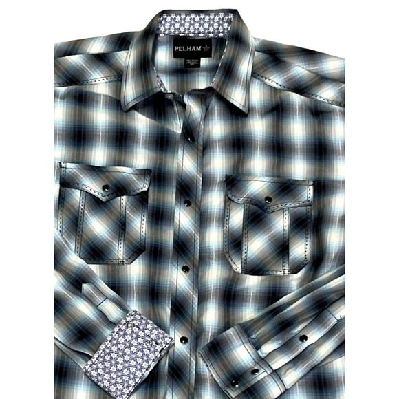 PELHAM PEARL SNAP FLIP CUFFS WESTERN SHIRT SZ XLT BLUE PLAID LONG SLV COWBOY MEN - Picture 2 of 4